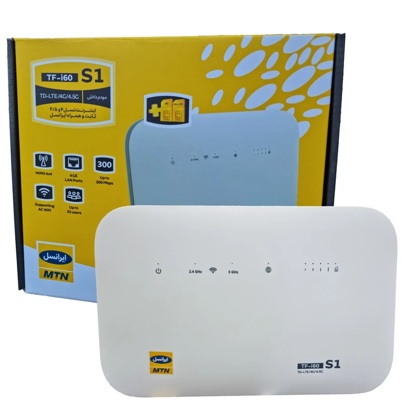 مودم 4G ایرانسل مدل TF-i60 S1 با پشتیبانی شبکه‌های 4G، 4.5G، TD-LTE و 3G، قابلیت اتصال هم‌زمان 32 کاربر، پشتیبانی از 4 SSID مستقل و آنتن داخلی MIMO4x4