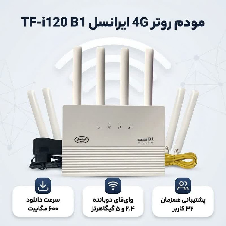 مودم روتر 4G ایرانسل مدل TF-i120 B1 با حمایت LTE Cat 12، سرعت دانلود 600 مگابیت، آپلود 100 مگابیت، وایفای دوبانده 2.4 و 5 گیگاهرتز، پشتیبانی همزمان 32 کاربر، چهار پورت اترنت و قابلیت اتصال بیسیم و باسیم